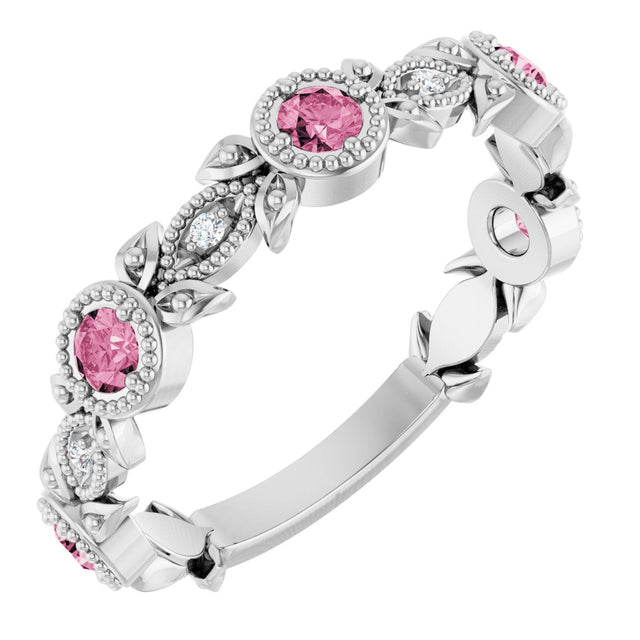 Platinum Round Natural Pink Tourmaline Leaf Ring