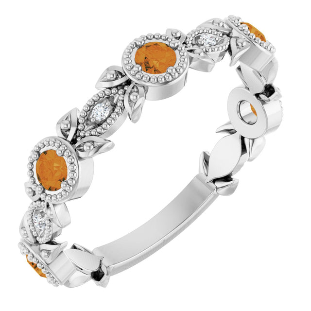 Platinum Round Natural Citrine Leaf Ring