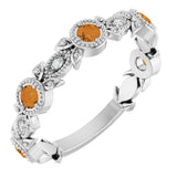 14K Gold Round Natural Citrine Leaf Ring - White Gold