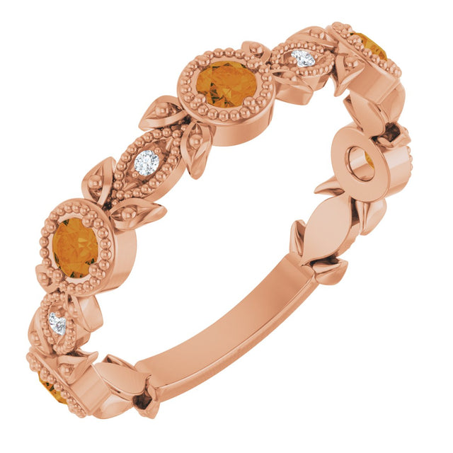 14K Gold Round Natural Citrine Leaf Ring - Rose Gold