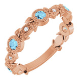 14K Gold Round Natural Aquamarine Leaf Ring - Rose Gold