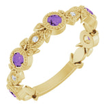 14K Gold Round Natural Amethyst Leaf Ring - Yellow Gold