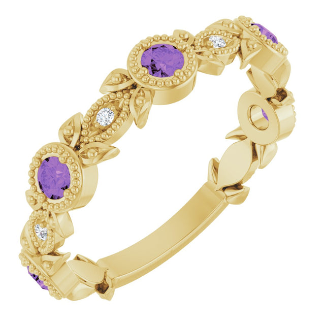 14K Gold Round Natural Amethyst Leaf Ring - Yellow Gold