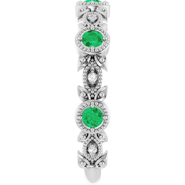 Platinum Round Natural Lab-Grown Emerald Leaf Ring - view 4