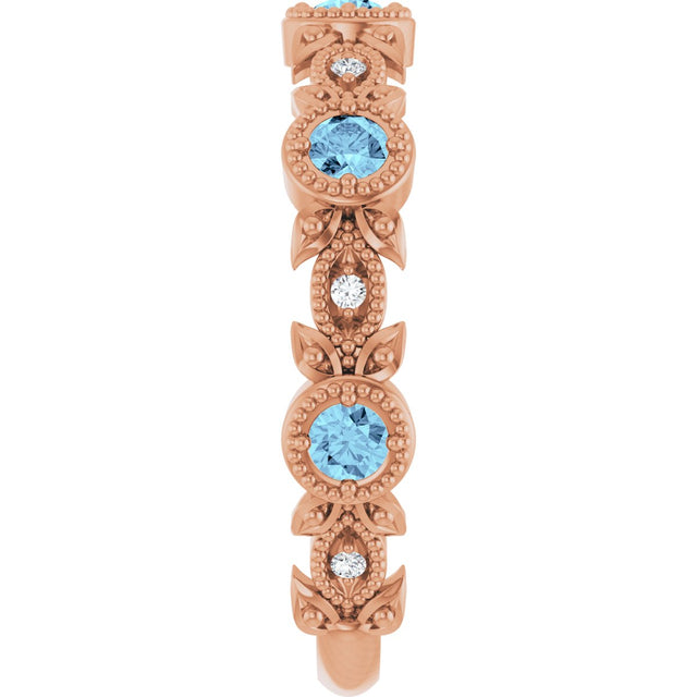14K Gold Round Natural Aquamarine Leaf Ring - Rose Gold - view 4