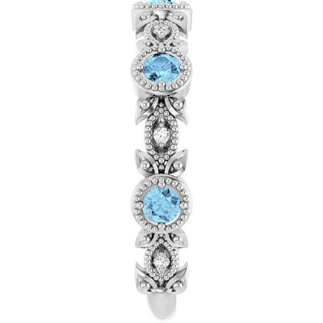 Platinum Round Natural Aquamarine Leaf Ring - view 4