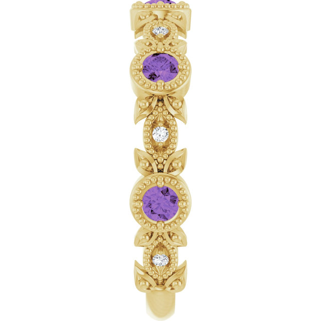 14K Gold Round Natural Amethyst Leaf Ring - Yellow Gold - view 4
