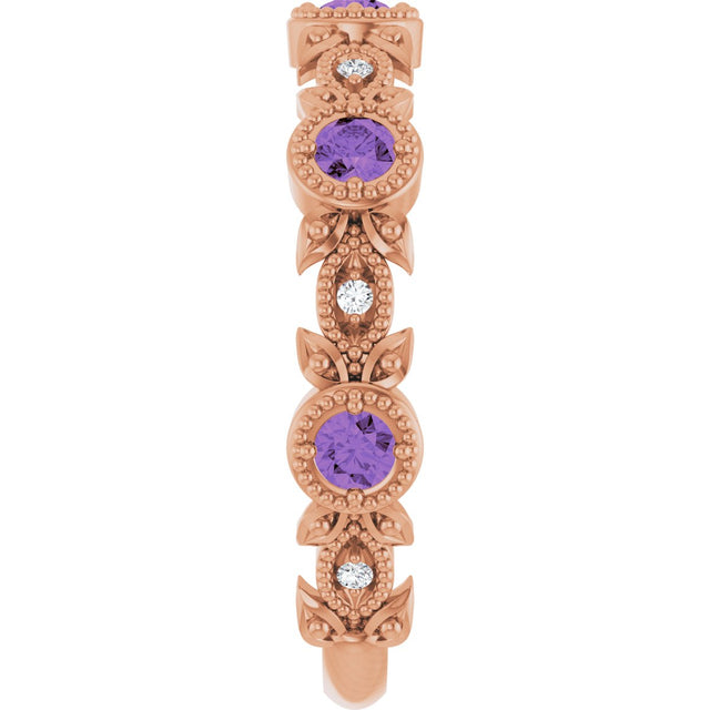 14K Gold Round Natural Amethyst Leaf Ring - Rose Gold - view 4