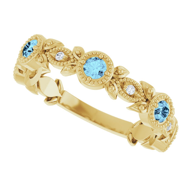14K Gold Round Natural Aquamarine Leaf Ring - Yellow Gold - view 5