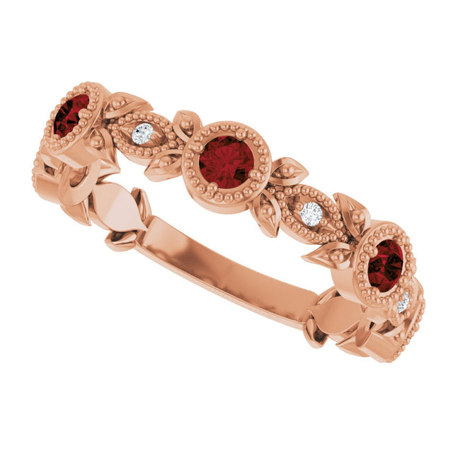 14K Gold Round Natural Mozambique Garnet Leaf Ring - Rose Gold - view 5