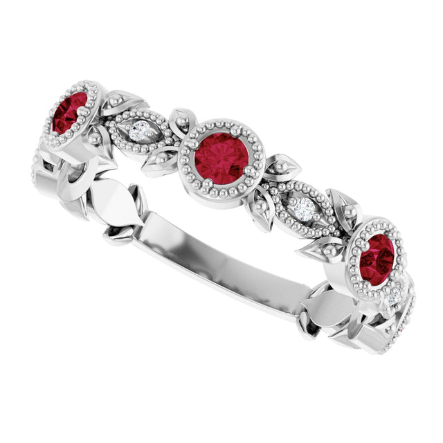 14K Gold Round Natural Lab-Grown Ruby Leaf Ring - White Gold - view 5