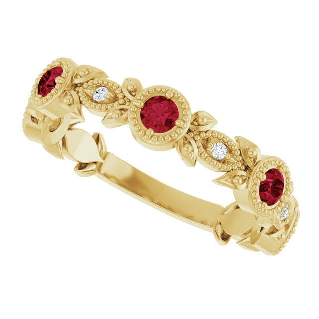 14K Gold Round Natural Lab-Grown Ruby Leaf Ring - Yellow Gold - view 5