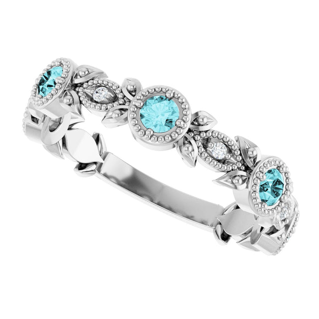 Platinum Round Natural Blue Zircon Leaf Ring - view 5