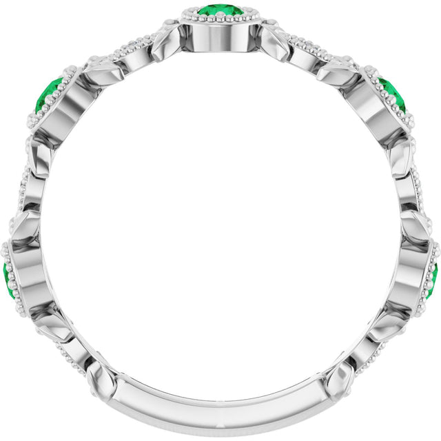 Platinum Round Natural Lab-Grown Emerald Leaf Ring - view 2