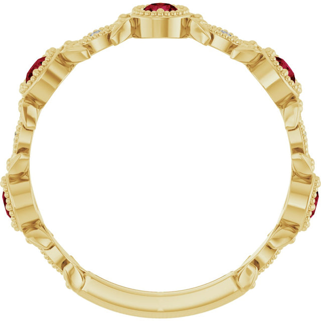 14K Gold Round Natural Ruby Leaf Ring - Yellow Gold - view 2