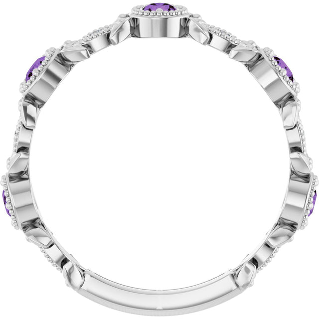 Platinum Round Natural Amethyst Leaf Ring - view 2