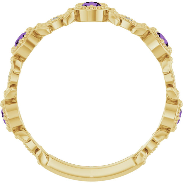 14K Gold Round Natural Amethyst Leaf Ring - Yellow Gold - view 2