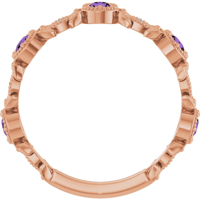 14K Gold Round Natural Amethyst Leaf Ring - Rose Gold - view 2