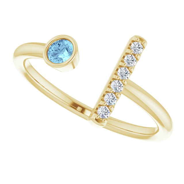 14K Gold Round Natural Aquamarine Bar Ring - Yellow Gold - view 5