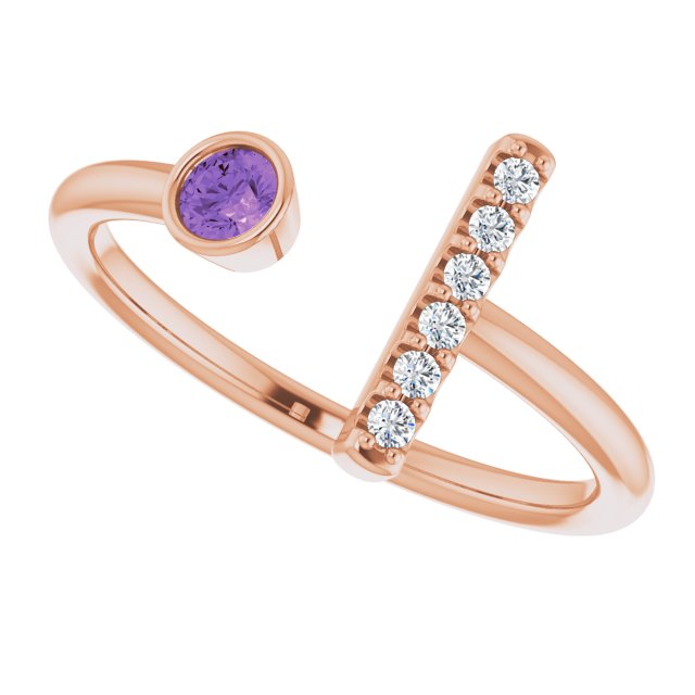 14K Gold Round Natural Amethyst Bar Ring - Rose Gold - view 5