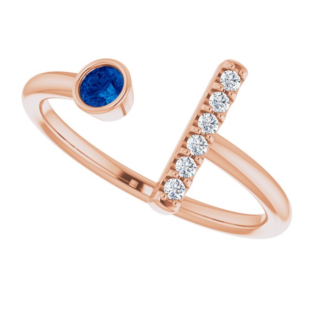 14K Gold Round Natural Blue Sapphire Bar Ring - Rose Gold - view 5