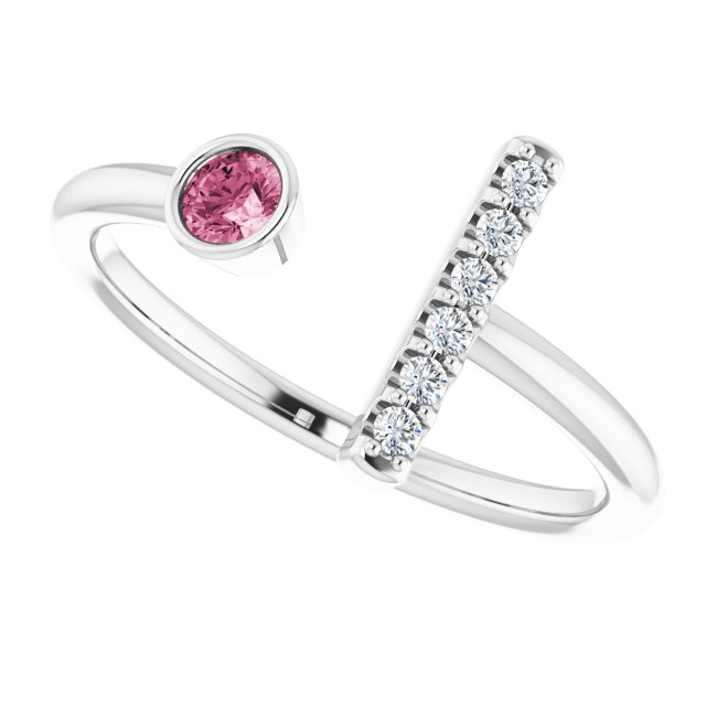 14K Gold Round Natural Pink Tourmaline Bar Ring - White Gold - view 5