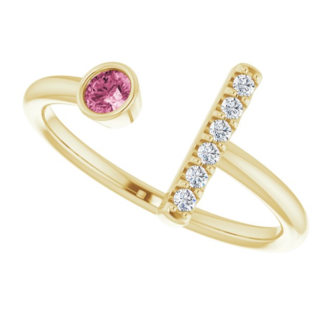 14K Gold Round Natural Pink Tourmaline Bar Ring - Yellow Gold - view 5