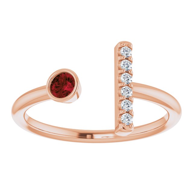 14K Gold Round Natural Mozambique Garnet Bar Ring - Rose Gold - view 3