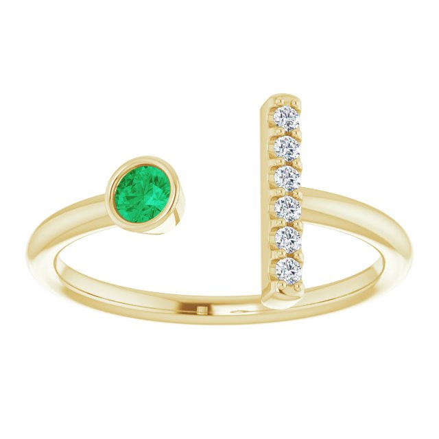14K Gold Round Natural Emerald Bar Ring - Yellow Gold - view 3