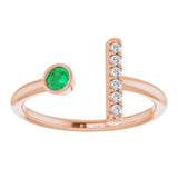 14K Gold Round Natural Emerald Bar Ring - Rose Gold - view 3