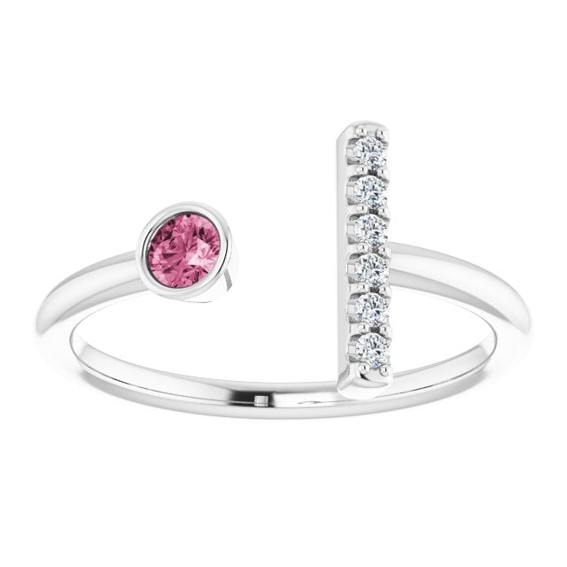 Platinum Round Natural Pink Tourmaline Bar Ring - view 3