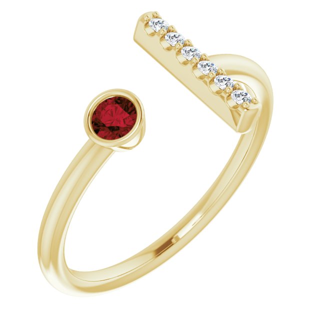 14K Gold Round Natural Mozambique Garnet Bar Ring - Yellow Gold