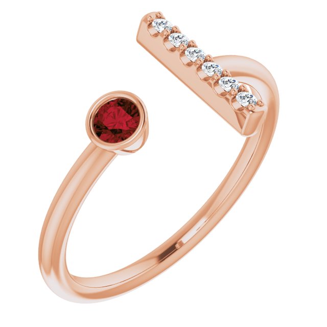 14K Gold Round Natural Mozambique Garnet Bar Ring - Rose Gold
