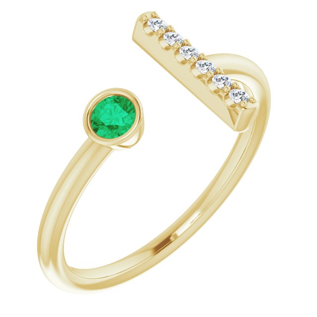 14K Gold Round Lab-Grown Emerald Bar Ring - Yellow Gold