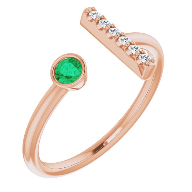 14K Gold Round Natural Emerald Bar Ring - Rose Gold
