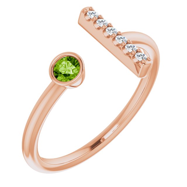 14K Gold Round Natural Peridot Bar Ring - Rose Gold