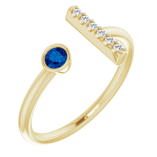 14K Gold Round Lab-Grown Blue Sapphire Bar Ring - Yellow Gold