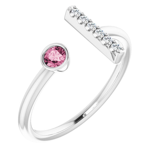 Platinum Round Natural Pink Tourmaline Bar Ring