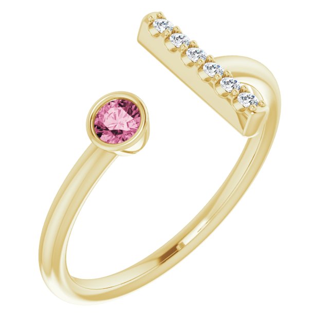 14K Gold Round Natural Pink Tourmaline Bar Ring - Yellow Gold