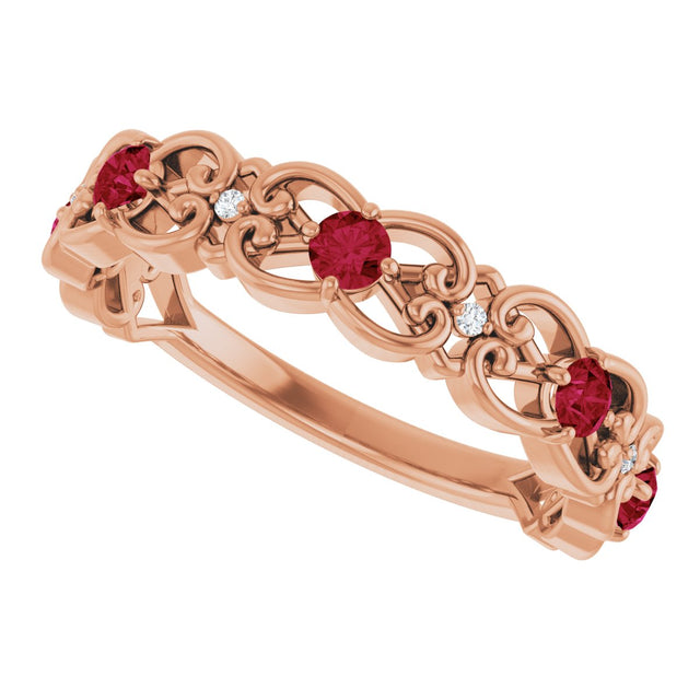 14K Gold Round Natural Ruby Vintage-Inspired Scroll Ring - Rose Gold - view 5