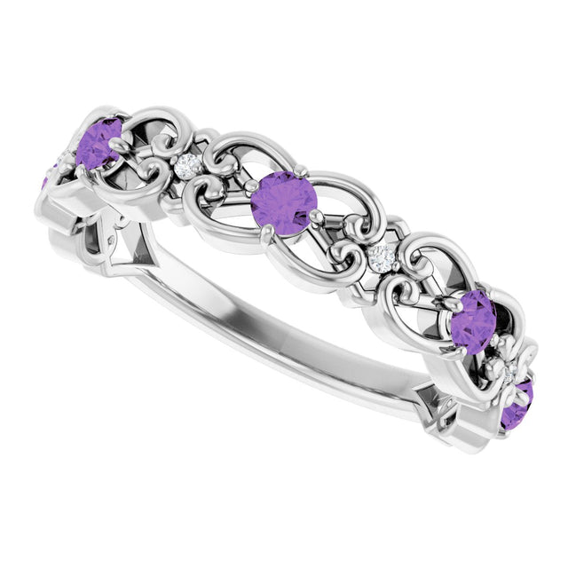 14K Gold Round Natural Amethyst Vintage-Inspired Scroll Ring - White Gold - view 5