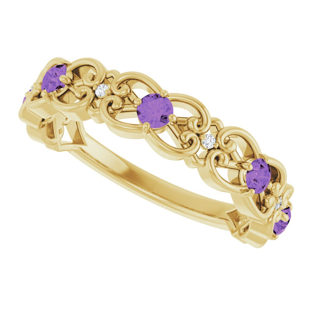 14K Gold Round Natural Amethyst Vintage-Inspired Scroll Ring - Yellow Gold - view 5