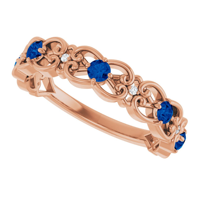 14K Gold Round Lab-Grown Blue Sapphire Vintage-Inspired Scroll Ring - Rose Gold - view 5