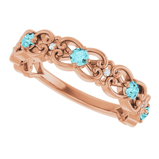 14K Gold Round Natural Blue Zircon Vintage-Inspired Scroll Ring - Rose Gold - view 5