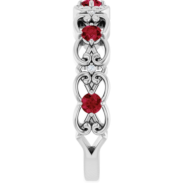 14K Gold Round Lab-Grown Ruby Vintage-Inspired Scroll Ring - White Gold - view 4