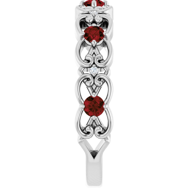 14K Gold Round Natural Mozambique Garnet Vintage-Inspired Scroll Ring - White Gold - view 4