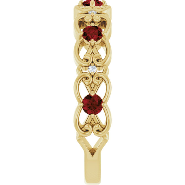 14K Gold Round Natural Mozambique Garnet Vintage-Inspired Scroll Ring - Yellow Gold - view 4
