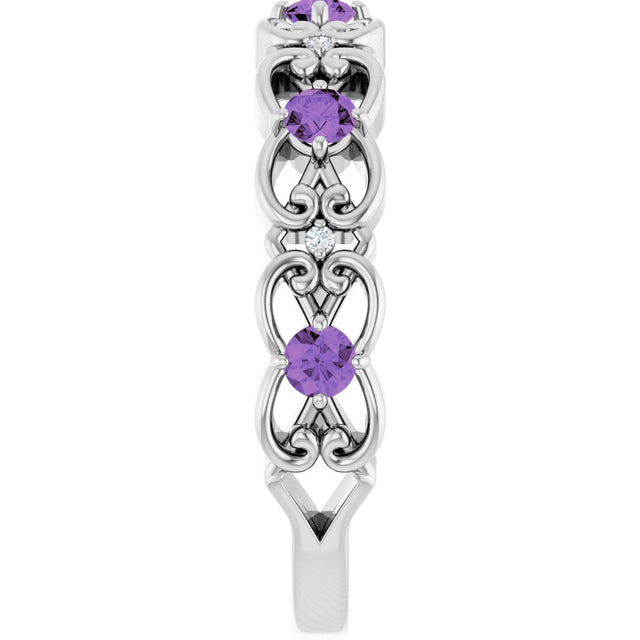 Platinum Round Natural Amethyst Vintage-Inspired Scroll Ring - view 4