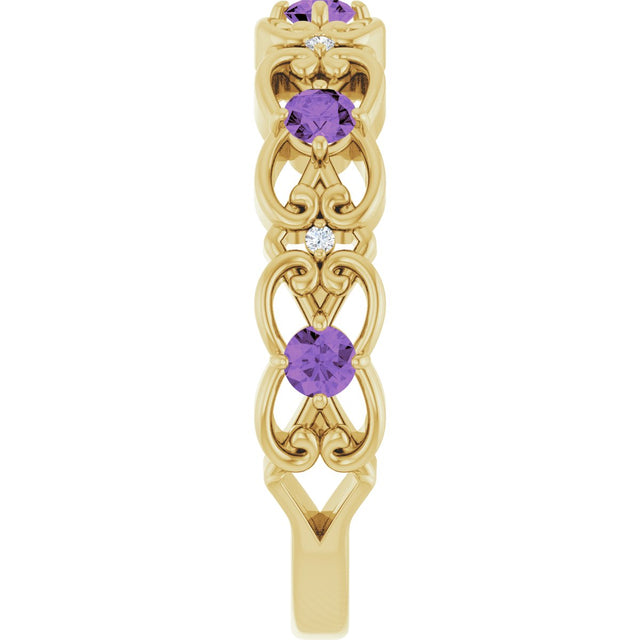 14K Gold Round Natural Amethyst Vintage-Inspired Scroll Ring - Yellow Gold - view 4