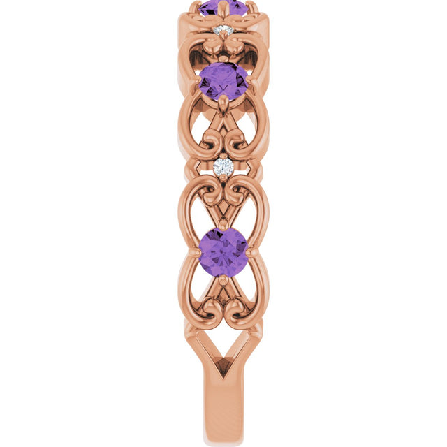 14K Gold Round Natural Amethyst Vintage-Inspired Scroll Ring - Rose Gold - view 4